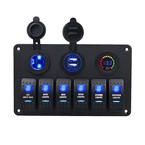 Kriogor Switch Panel 6 Switches + Dual USB 5V 2.1A Charger + LED Voltage Display 12V + Cigarette Lighter 12/24V for Marine Boat Van Truck