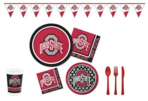 Official Ohio State University Buckeyes Tailgate/Celebration Bundle (Serves 8): Dinner &amp; Dessert/Snack Plates, Beverage &amp; Lunch Napkins, Banner, Plastic Cups and Cutlery 103 pcs