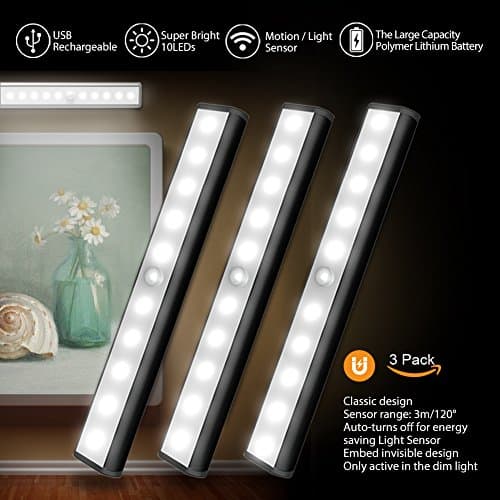 Motion Sensor Cabinet Led Light, USB Rechargeable 3 Modes Switch(G, ON and OFF) Magnetic Stick On Anywhere Outdoor Portable Night Light Lamp Bulb Lighting Bar for Closet Wardrobe (3 Pack 10LED, Black)