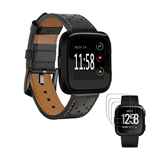 Juo Black Band for Fitbit Versa with 3 Pack Tempered Glass Screen Protector (Leather)