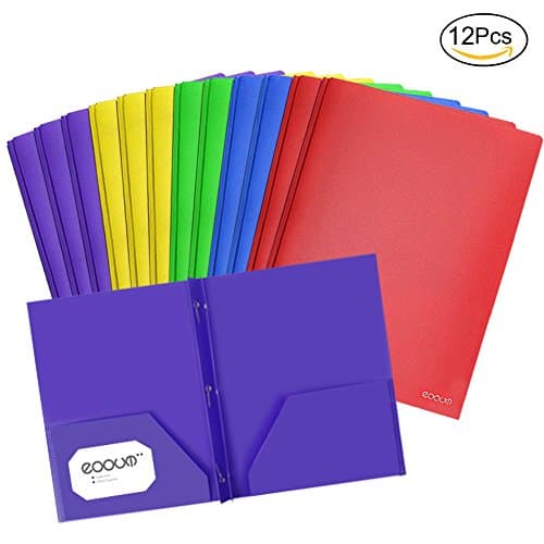 EOOUT 12pcs Letter Size 2 Pockets Poly Portfolio Folder with 3 Prong Fasteners, Heavy Duty Folder, 5 Colors