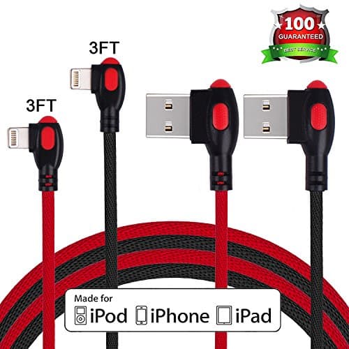 2Pcs Right Angle Lightning to USB Cable Fabric Braided 3.3FT, Fast Charge and Sync Date Transmission Cable for iPhone 7/7 Plus/6/6S/6S Plus/Se/5S/5C/5, iPad Mini, iPad Air, iPad Pro, iPod(Red and Bla