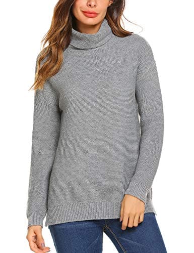 Womens Turtleneck Pullover Sweaters Long Sleeve Loose Side Slit Knitted Jumpers Tops