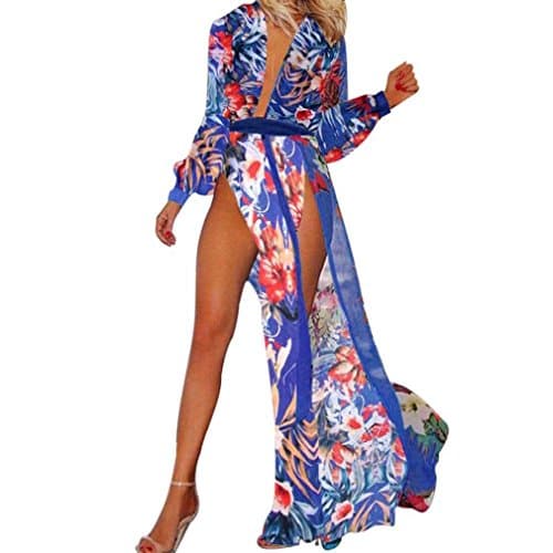 Sinineflower Womens Boho Double Split Long Maxi Summer Beach Party Chiffon Dress (S, Blue)