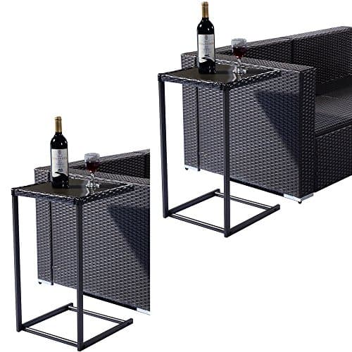 Table Side Sofe Coffee Tray End Table Rattan PE Square Glass Furniture 2PCS Brown