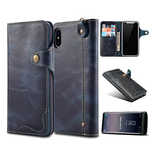 iPhone Xs Max Wallet Case,iPhone Xs Max Flip Case AKHVRS Soft Genuine Leather Wallet Handmade Case [Shockproof Soft TPU Case] Card Holder Slots with Wristlet for iPhone Xs Max - Blue