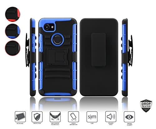 Google Pixel 2 XL Case, LG Pixel 2 XL Case (2nd XL Version 2017 Only), Heavy Duty Rugged Holster Combo [Kickstand] [Belt Clip] [Swivel Clip] Hybrid Shockproof Dual layer Cover (Black/Blue)