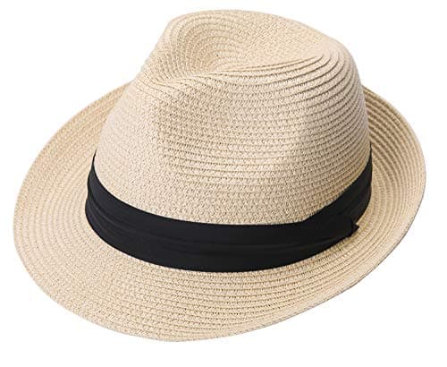 Lanzom Men Summer Straw Foldable Roll up Hat Fedora Beach Sun Hat UPF50+