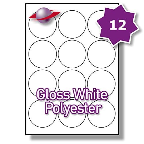 12 Per Page/Sheet 500 Sheets (6000 ROUND GLOSS WHITE POLYESTER Sticky Labels) Label Planet® A4 Waterproof Circular Permanent Self-Adhesive Blank Glossy Plastic Printable Stickers, For Laser Printers Only, 63.5MM Diameter Circles UK LP12/63R GWP, Jam Free Premium Quality Multi-Purpose Outdoor/Marine