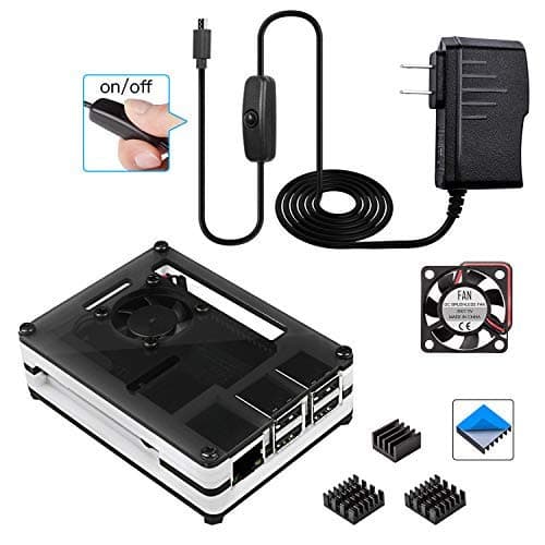 Smraza Raspberry Pi 3 B+ Case with Power Supply Adapter w/ON Off Switch+ Mini Fan + Alumninum Heatsinks, Works for Raspberry Pi 3b Plus 3 Model B+