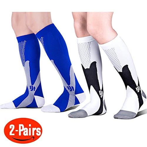 2 Pair Graduated Compression Socks 20-30 mmhg - for Nurses Cycling Runners Fitness Weight Lifting Maternity Teachers for Men and Women Unisex S/M (US 5-10) 2 Pair (White+Blue) by Axageid