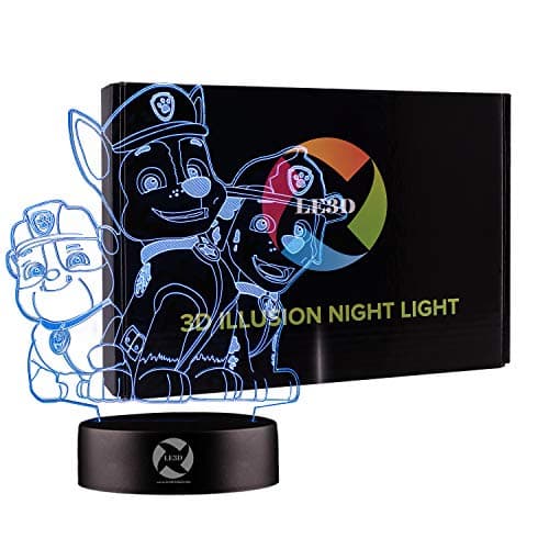 3D Optical Illusion Night Light - 7 LED Color Changing Lamp - Cool Soft Light Safe for Kids - Solution for Nightmares - Paw Patrol