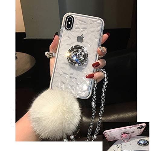 for Samsung Galaxy Note 10 Plus Case with Fur Ball, Clear Crystal TPU Case with Bling Diamond Ring Stand Holder and Furry Ball Lanyard Strap Case for Girls Women (Hairball White)