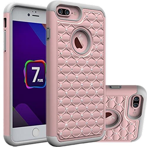 iPhone7 Plus case, iPhone 7plus bling case LENBOKEN(TM) Studded Rhinestone Crystal Dual Hybrid Protection Cases for Women Apple 5.5 Fashion Phone case (Grey Rose Gold)