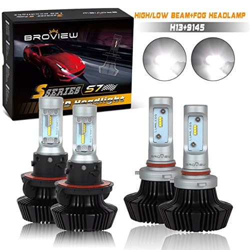 (4PCS)Broview Headlight Combo Head lamp High/Low Beam H13 9008 w/Fog Driving Bulbs Cree 9005 9145 H10 8000LM White Genuine PHILIPS-ZES chip Kit