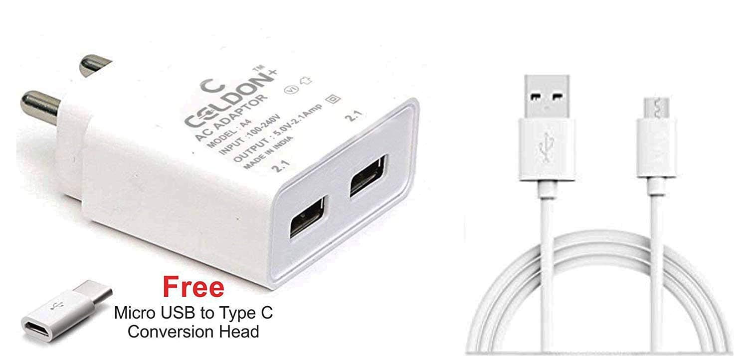 Celdon Fast Charging 2 Port 2.1A Auto Detect Technology USB Wall Travel Charger Adapter for All Android Devices (Data Cable Included) White, C Type Free Inside The Box.