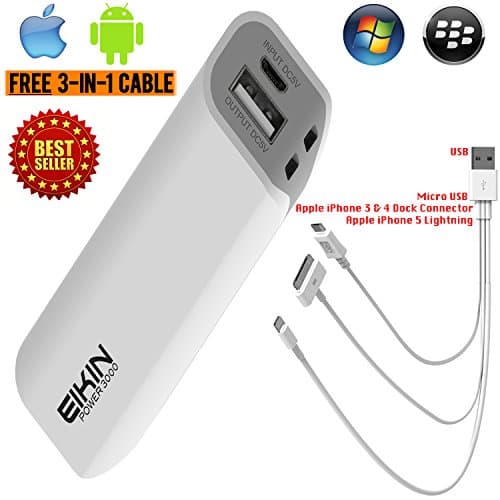 Eikin Power 3000 Portable Compact Lipstick Size External Battery Mini Power Bank Charger for Mobile Cell Phone. Compatible with Apple iPhone 6, 6 Plus, 5 5s 5c 4S, 3, Samsung Galaxy S5 S4 S3 Note 3, 4, Nexus 4, HTC One M8, Nokia Lumia 520, 1020 and Many Other Smartphones. Small Lightweight and Tough Battery Backup. Alternative to Anker Astro Mini. FREE UPGRADE: Premium Cable - USB to Mini USB, iPhone Lightning Cable, iPhone 3 &amp; 4 Dock Connector. 18-Month Warranty! (White with Black Print)