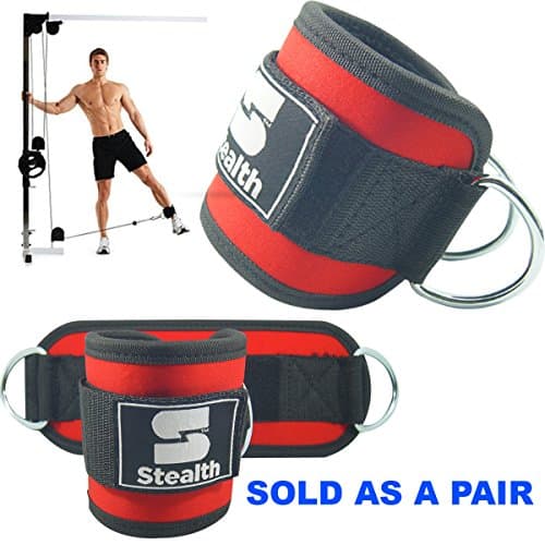 Ankle D Ring straps 4" wide cable Attachment for legs (PAIR) RED - Strong velcro with Double rings - comfortable neoprene