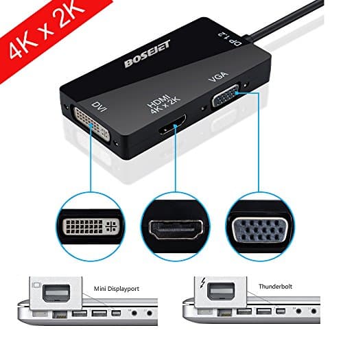 BOSJETT [DP 1.2 Version] Super 4K*2K Primium Mini Displayport DP Thunderbolt Male to DVI VGA HDMI Female TV AV Video HDTV Adapter Cable 3 In1 for Mac, Macbook, Macbook Pro, Macbook Air, iMac, Surface Pro 1 2 3, Lenovo Thinkpad X1 Carbon, X230/240s - Black