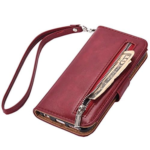 iPhone 7 wallet Case, WOOZU iphone7 Wallet Case [Wrist Strap] [Folio][Flip]with Stand Feature and Card Holder for Apple iPhone 7 4.7"inch,with Zipper Cash Purse Slot Pocket