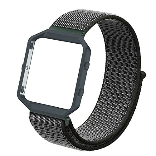 Azadodo Nylon Bands Small Large Compatible with Fitbit Blaze, Adjustable Woven Nylon Sport Loop Replacement Straps with Frame for Fitbit Blaze Women Men (Cargo Khaki Sport Loop with Gray Frame)