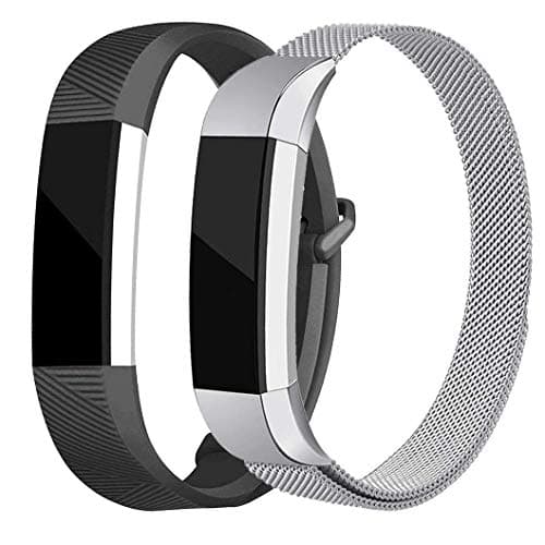 AKALE Replacement Bands Compatible for Fitbit Alta/Alta HR, Stainless Steel Metal Strap and Extra Silicone Replacement Bands (Silver + Black Small)