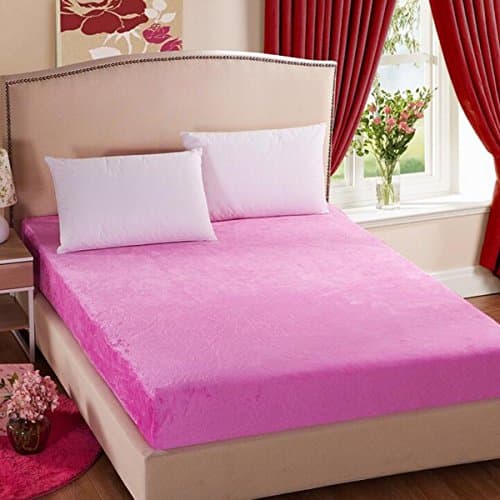 Leamat Lightweight Plain Flannel Warm Fitted Bed Sheet (Queen, Pink)