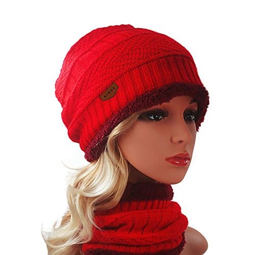 AIMKE Hat Scarf Set Knit Hat Warm Thick Winter Hat (Red)