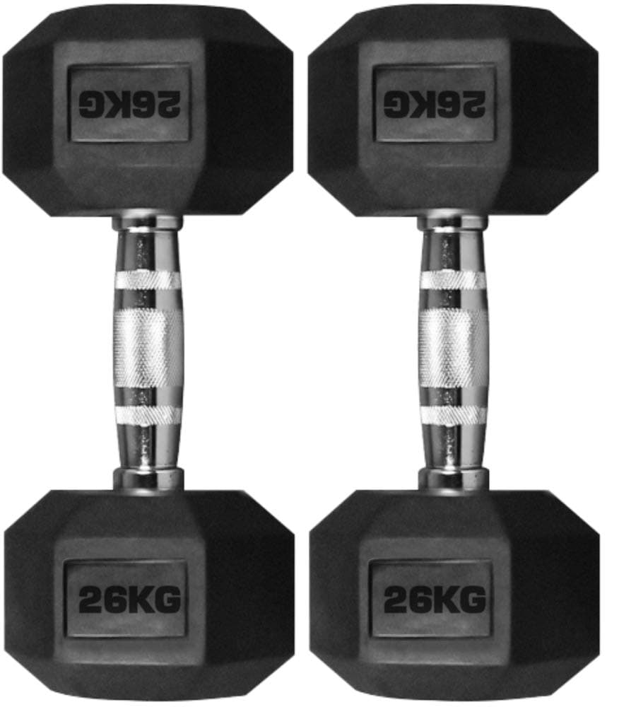 TnP® 2 x 26KG Hex Dumbbells Rubber Encased Solid Weights Sets Hexagonal Hexa Dumbbell Set Gym