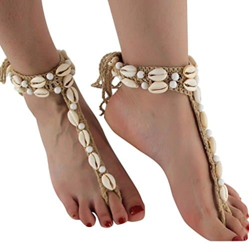 Yeefant Boho Weave Rope Bead Anklet Sandal Beach Adjustable Shell Anklet With Beads Beach Jewelry for Women Mother Birthday Gift,Beige