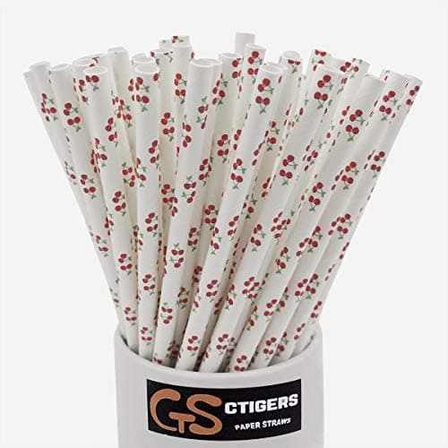 CTIGERS Cute Cherry Patterns Paper Straws Summer Fruit Style Biodegradable Drinking Straws Box of 100