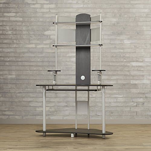 Modern Computer Desk With Hutch - PC Or Laptop Storage Tower With Sliding Keyboard Tray For Home or Office - Beautiful Design With Speaker Stands And CD Storage - Quality Materials - Black And Silver