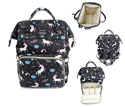 Vakker Wide Open Diaper Bag Backpack, Large Capacity, Multi Function Organizer, Waterproof, Unicorn (Black)
