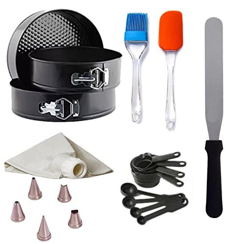 Kosh Cake Decorating Tools 3 in 1 Spring Form Mould/Nozzle with Icing Bag/Palette Knife/Silicon Brush and Spatula/Measuring Spoon Perfect Bakeware Combo Set for Beginners or Experts (White)- 5 Pcs