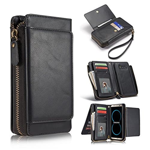 Galaxy S8 Plus Wallet Case,SUPVIN Flip Folio Wrist Strap Durable Leather Protective Case with Card Cash Slot Zipper Handbag Detachable Magnetic Back Cover Shell for Samsung Galaxy S8 Plus(Black)
