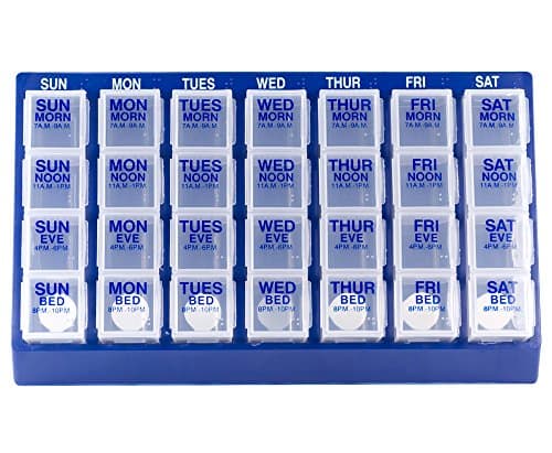 GMS Four-a-day, Weekly, One Day At a Time, Medication Organizer - Large Slant Tray (Clear Pill Boxes in Blue Tray)