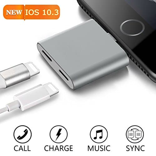 iPhone 7 Lightning Adapter, Dual 8 Pin Mini AUX Splitter [Upgrade for IOS 10.3] Audio + Charge &amp; Sync Data for iPhone 7 7 Plus (Space Grey)