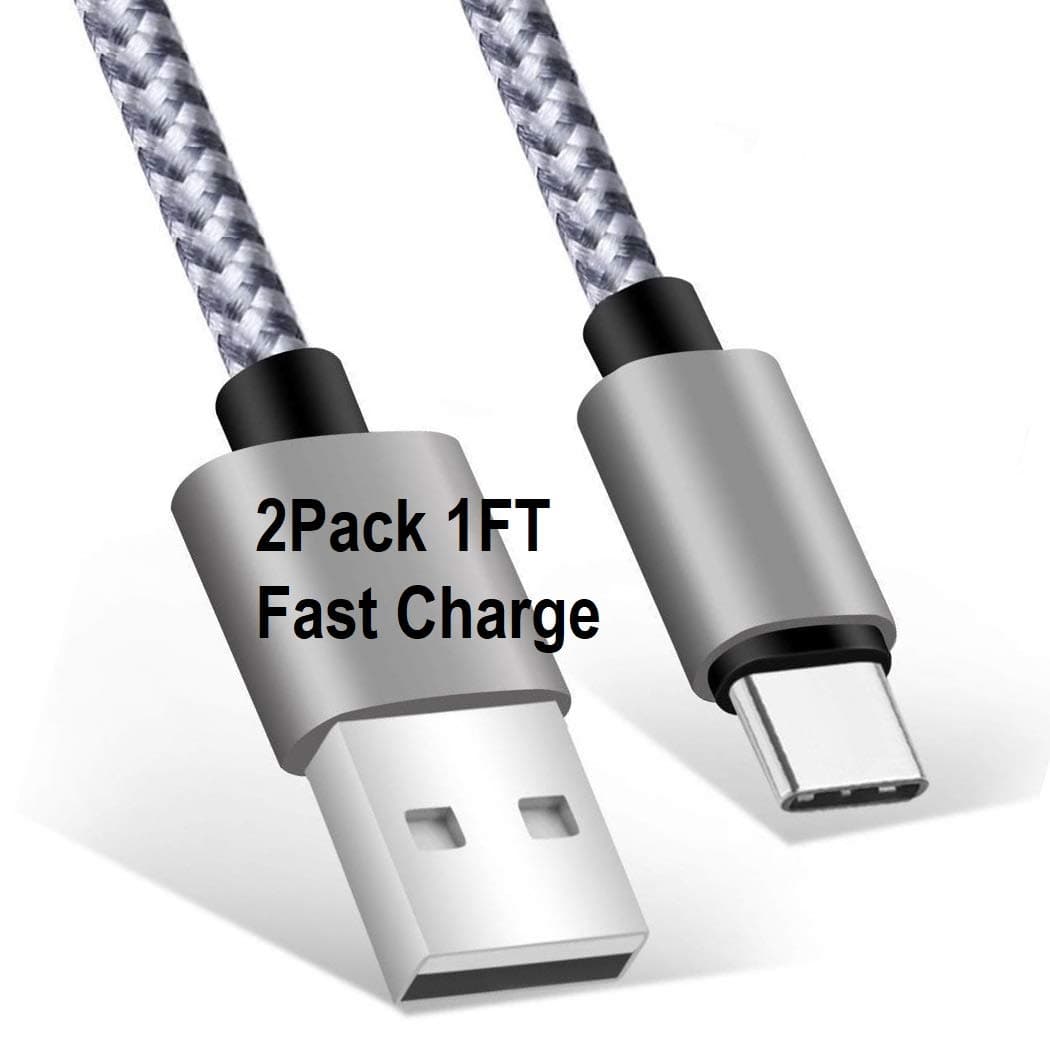 USB Type C Cable 0.3M Fast Charging lead for Samsung Galaxy S8 / S9 / S10 / Note 8 / Note 9 Plus, LG G5 / G6 / G7, 2 Pack 1FT Nylon Braided Short Charge & Data Charger Cord (White,2X1FT)