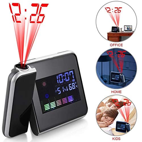 dubaobei Projection Alarm Clock,Ceiling Digital Clock LCD Color Screen Display AC & Battery Operated with Dimmer Calendar Weather Station Snooze Function for Besides, Bedroom, Home, Office