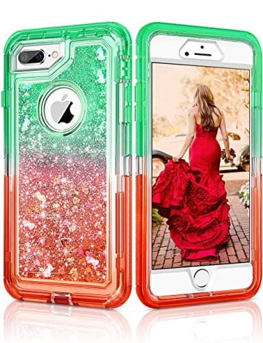 CHEERINGARY Case for iPhone 8 Plus Case, iPhone 7 Plus Case Flowing Quicksand Liquid Glitter Heavy Duty Shockproof Gradient Non-Slip Case for iPhone 6S Plus/6 Plus/7 Plus/8 Plus 5.5 Inch Green Red