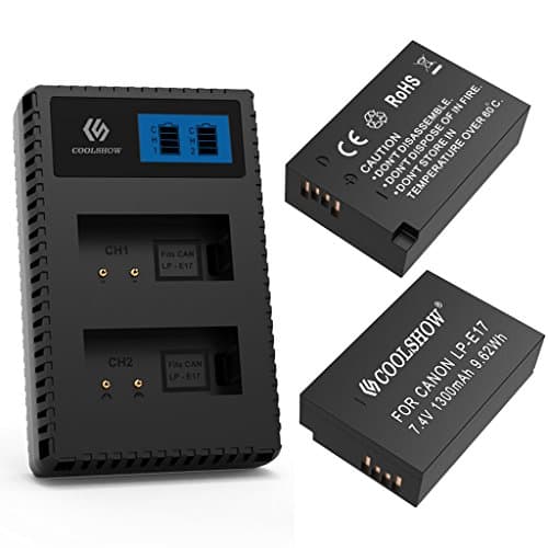 CoolShow LP-E17 LCD Display Charger with 2 Replacement Batteries ,Compatible With Canon EOS M3, M5, M6, Rebel SL2, T6i, Rebel T6s, Rebel T7i, EOS 77D, 760D, 750, 800D, KISS X8i Digital SLR Camera