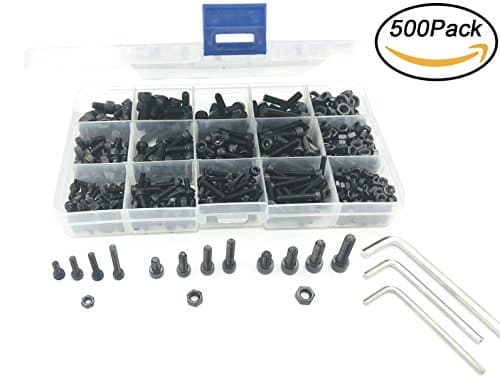 WLine 500pcs M3 M4 M5 Thread Size 12.9 Grade Black Alloy Steel Socket Cap Screws Hex Head Bolt Nuts Assortment Kit Including 3 Hex Key Wrenches