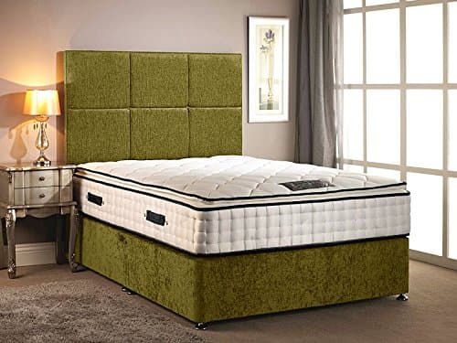 Divan Bed chenille fabric with High Pillow top 30cm Deep mattress with four drawers with headboard in different size variation (Sage Green, 4FT6 DOUBLE)