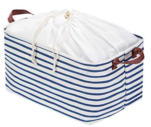 Fabric Storage Basket, Collapsible Storage Bin with Drawstring Cover and PU Handles Gift Baskets for Baby Toys, Kid Toys, Baby Clothing, Books (Transverse Stripe)