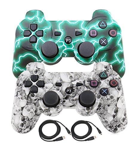 Pofona Bluetooth Wireless Controller For PS3 Double Shock - Bundled with USB charge cord (Green Ligntning and White Skull)