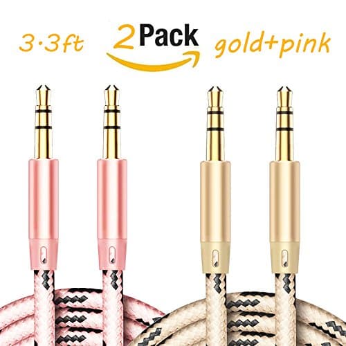 2 Pack Aux Cable, 3.3FT Aluminum Shell Nylon braided Car Auxiliary Audio Cable Cord Headphone Connect Cable for Apple, Android Smartphone, Tablet and MP3 Player (gold&amp;pink)
