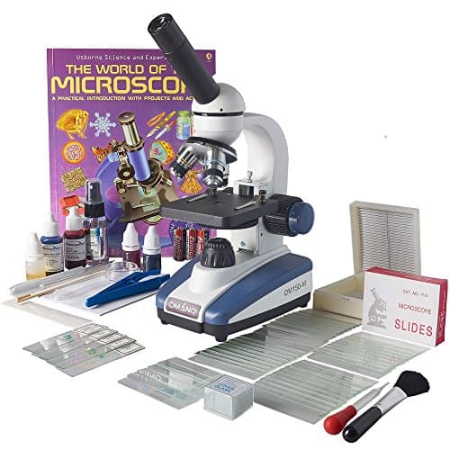 Omano OM150-MK-PK2 LED 40X-400X Student Compound Microscope with Glass Optics, Fine Focus, Basic + Advanced Slide Kits &amp; Fun Experiments Book