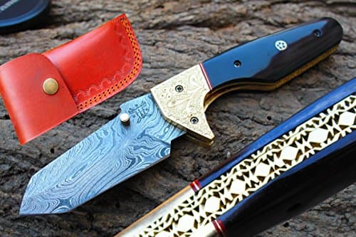 3.5"Damascus Blade Custom Folding Knife w/Liner Lock, Custom FileWork, Engraved Brass Bolsters,Buffalo Horn &amp; Custom Sheath UDK-usaS2-217