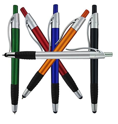 Universal Light Weight Click Stylus Capacitive Ballpoint Pen for Touchscreen Device, iPhone, iPad, Samsung Galaxy, Note 4, Tablets, HP, Android, Silver Trim (6 Pack)