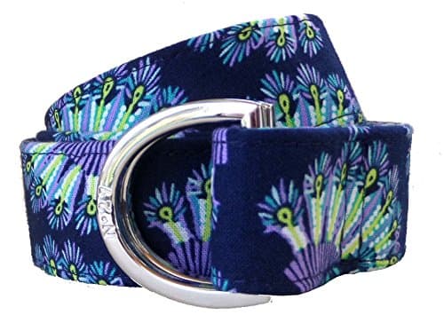 No27 Womans Navy Peacock Feather Pattern Fabric Belt, D-Ring Belt, Womans and Girls Peacock Feather Belt